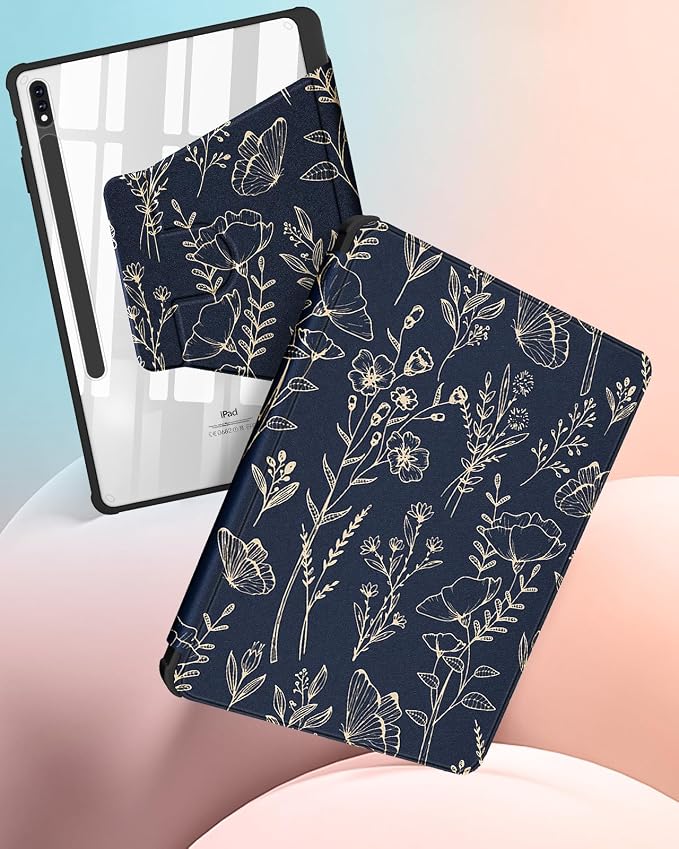 Wazzasoft for Samsung Galaxy Tab S7/S7 Plus/S8 Plus Case - 12.4 Inch Folio Cover with Pencil Holder - Women/Girl Cute Girly Black Flower Unique Design - Rotating Tablet Case