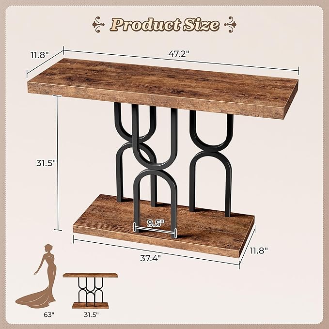 Huuger 47.2 Inch Entryway Table, Industrial Console Sofa Table, Narrow Accent Table, for Entry, Hallway, Entrance, Foyer, U-Shaped Metal Base, Rustic Brown