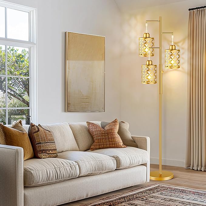 68" Dimmable Floor Lamp, Modern Standing Lamp with Elegant Metal Cage, Industrial Tall Tree Floor Lamps for Living Room, Bedroom, Study Room, Office (2000LM LED Bulbs Included) - Gold