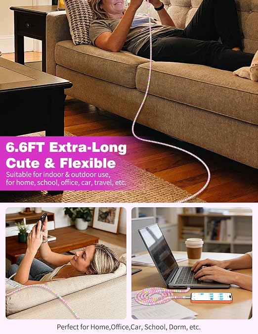 Jelanry 3FT USB-A to USB-C Fast Charging Cable Beaded &ampData Sync Women Girl | Cute kawaii beaded cable for iPhone 17/16/15 Samsung S26/S25/S24 Pixel iPad Fast charge for daily use office &amp tra