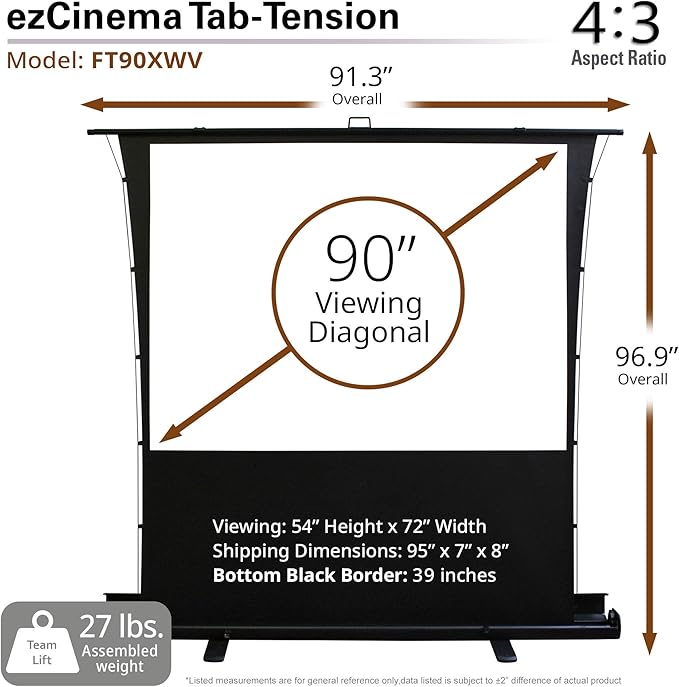 Elite Screens ezCinema Tab-Tension, 90-Inch Portable Floor Rising Projector Screen, 4:3, Tab-Tensioned Scissor-Backed, Manual Pull Up Projection Screen+Carry Bag, Home Office Classroom, Black- FT90XWV