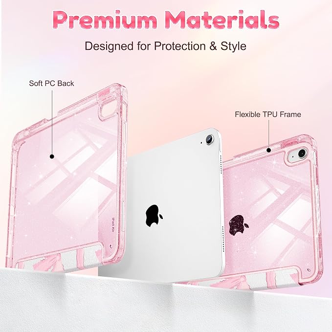 for iPad Air 11 inch M4/M3/M2 (2026/2025/2024) iPad Air 5th/4th Gen (2022/2020) 10.9 inch with Pencil Holder Glitter Clear Pretevtive Cover Auto Wake/Sleep Black Cartoon Stickers