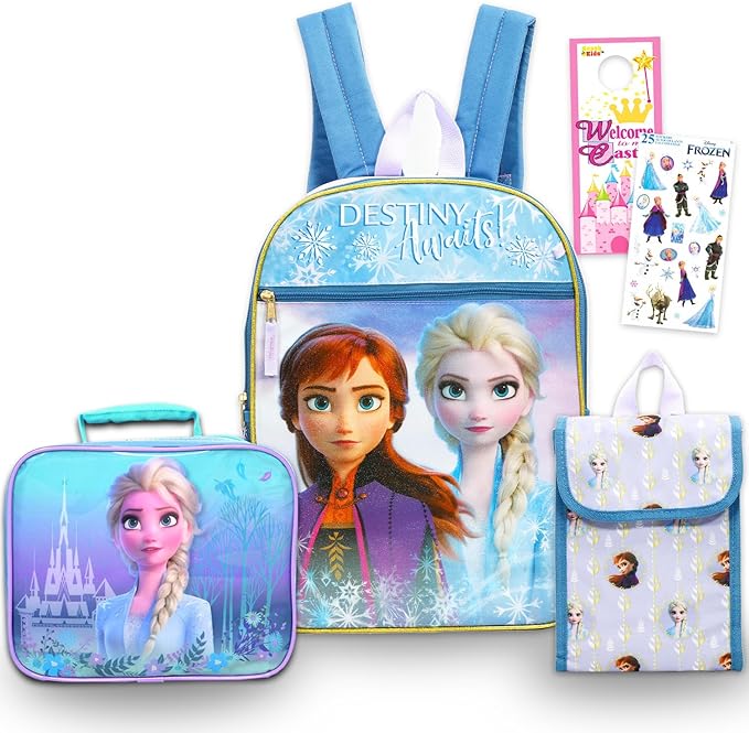 Disney Frozen Backpack and Lunch Bag for Kids - Bundle with 16" Backpack, Lunch Box, Snack Bag, Stickers, More Frozen School Bag Set for Girls