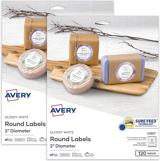 Avery Printable Round Labels, Sure Feed Technology, Glossy White Labels, 2" Diameter, Permanent Adhesive, Laser/Inkjet, 120 Per Pack for 240 Total (2-Pack of 22807)