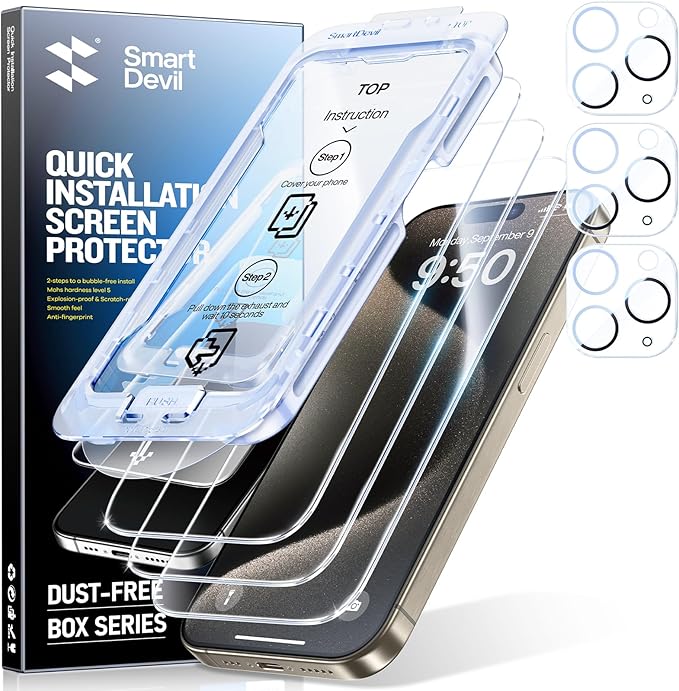 SMARTDEVIL (3+3 Pack HD Clear Screen Protector for iPhone 14 Pro Max with 3 Camera Lens Protectors 9H Tempered Glass Shatter-Resistant SmartPull Dust &amp Bubble-Free Install Frame Case-Friendly