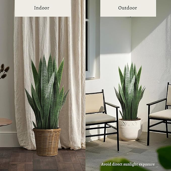 KOL 3FT 2-Pack Artificial Snake Plant, Fake Sansevieria Indoor Outdoor, 28 Thick PE Leaves Lifelike Faux Silk Plants, Home Living Room Decor 35in Mother in Law Tongue, Greenery for Office Decor, Green