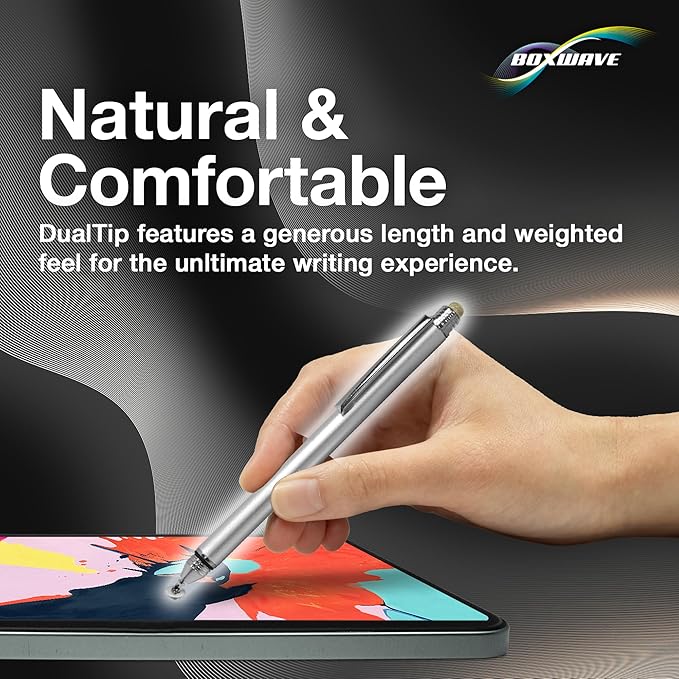 BoxWave Stylus Pen Compatible with DJI RC Pro - DualTip Capacitive Stylus Fiber Tip Disc Tip Capacitive Stylus Pen - Metallic Silver