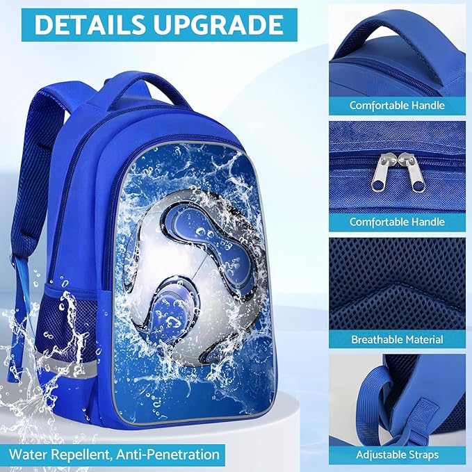School Backpack for Boys - Soccer Boys Backpack for Kids Children Teens Elementary Middle School - Students Bag for Ages 6-18,17″Bookbag Multifunctional Large Capacity
