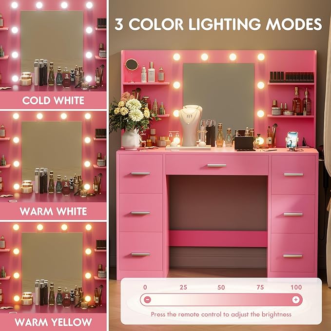 VICTONE Vanity Desk with LED Lighted Mirror&Power Outlet, 3 Model Lights Makeup Vanity Table with 7 Drawers and 6 Storage Shelves for Bedroom and Dressing Room (Dark Pink)