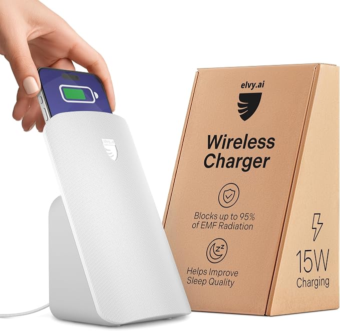Elvy Fast Qi Wireless Charger for Cell Phones - Designed with EMF Management Technology for Enhanced Charging Advanced Environmental Shielding (Black)