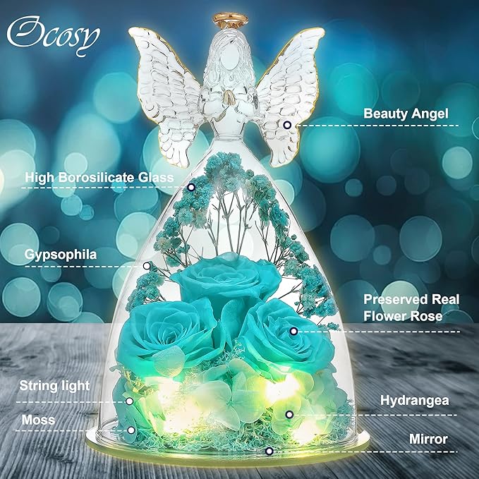 Ocosy Mothers Day Rose Gifts for her, Large Angel Rose Gifts for Women, Forever Real Roses in Angel Figurines, Angel Guardian with Roses Flower, Aqua Blue