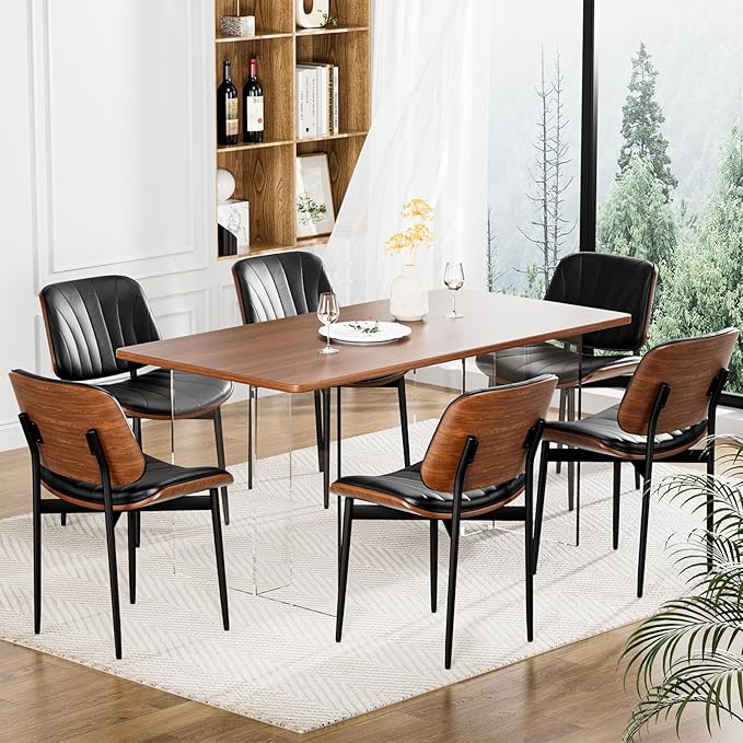 Dining Chairs Set of 8, Dining Room and Kitchen Chairs, FSC Certified Mid Century Modern Accent Chair, Upholstered PU Leather Chairs for Vanity with Walnut Bentwood and Metal Legs, Black