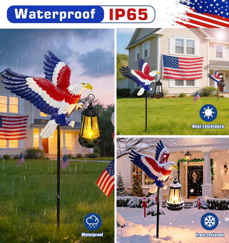 4th of July Decorations Outdoor Solar Lights, Solar Eagle Garden Lights with Lantern, Patriotic Eagle Stake Light for Yard Lawn Garden Patio, USA 250th Anniversary Decor for Memorial Day Veterans Day