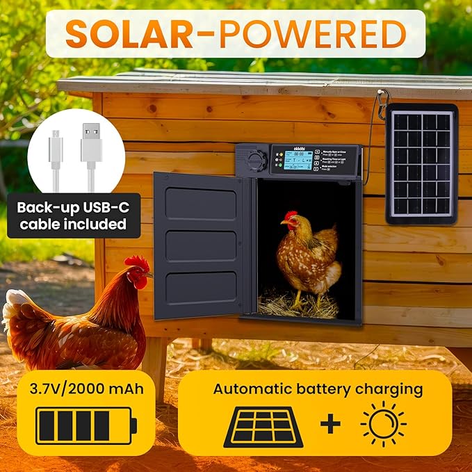 Okköbi Automatic Chicken Coop Door PRO - Light Sensor & Timer - Anti-Pinch Function - Wide Opening - New Model - Solar Powered with LCD Display - 5 Year Protection