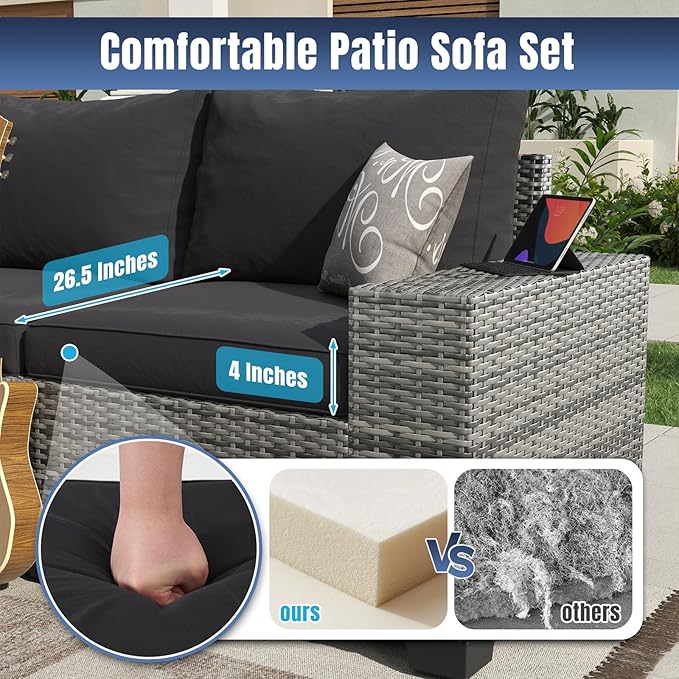 Aoxun 13 Pieces Patio Furniture Set with 44” Fire Pit Table Wicker Rattan Outdoor Sectional Conversation Set with Coffee Table and 4” Thickened Cushions, Gray/Black(Waterproof Cover Included)