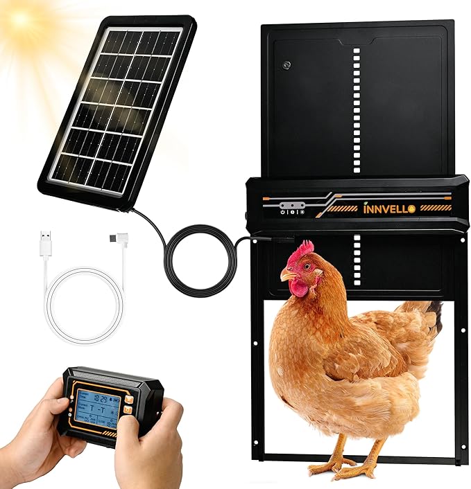 Automatic Chicken Coop Door Solar Powered with Remote Control, Timer & Light Sensor - Anti-Pinch Safety, 4 Modes, Alarm for Chicken Run, Poultry Habitat and Duck Coop