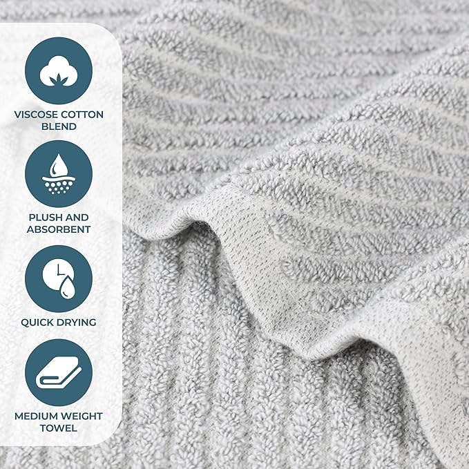 Superior Amelia Viscose Cotton Blend Medium Weight Towels, for Bathroom, Shower, Spa, Plush, Quick Dry, Ultra-Soft Towels, Bath Essentials, Ribbed Design, Bath Towels, Set of 2, Platinum
