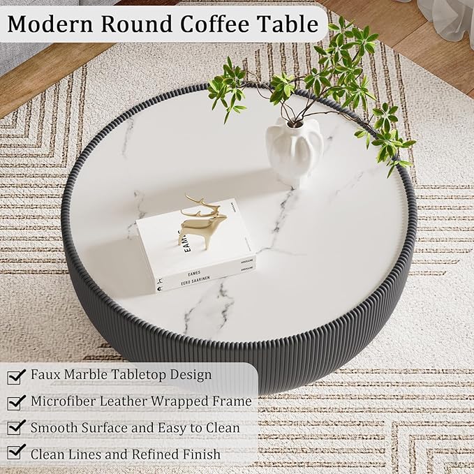 Grey Round Coffee Table with Sintered Stone Tabletop, 27.56" Drum Coffee Table with Fluted PU Leather Covered and Metal Base, Circle Cocktail Tea Table for Living Room