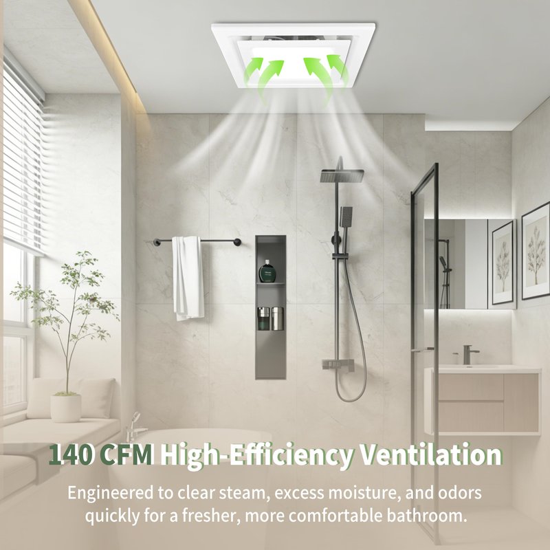 Orvexa Bathroom Exhaust Fan with Light, 140 CFM 1.0 Sone Quiet Bathroom Fan with Light, 12" x 12" Panel, 10" x 10" Ceiling Opening, 4" Duct, 6500K 1200LM LED, Independent Fan & Light Controls