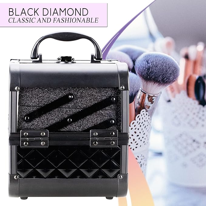 Ver Beauty Makeup Box Cosmetic Train Case with Clear Armored Acrylic Jewelry Organizer with 2 Tiers Trays and Mirror Lockable Portable Travel Cosmetic Display Aluminum Case (Black Diamond)