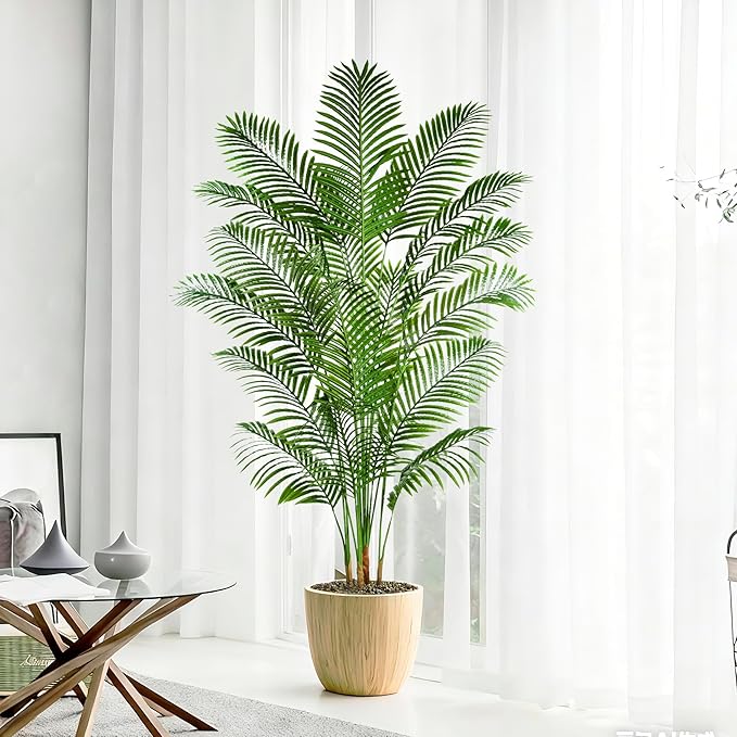 Artificial Palm Tree 7FT Artificial Plants Indoor Tropical Fake Palm Tree Areca Floor Plant in Black Pot with 18 Trunks & Real Bark Design, Faux Palm Plant for Outdoor Patio Home Room Office Decor