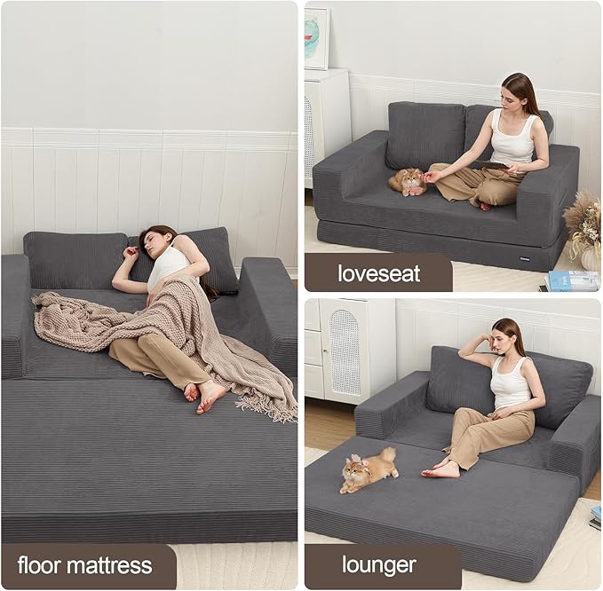 COMAX Convertible Sofa Bed Queen, Folding Fold Out Couch Bed, Floor Futon Couch Corduroy with Back Pillows, Boneless Sofa Comfy Lounge Sleeper Mattress Loveseat for Living Room Bedroom, Grey