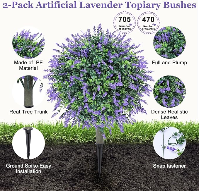 UV Resistant PE Artificial Lavender Topiary Balls (25") - 2 Pack Boxwood Bushes Maintenance Faux Shrubs with Ground Spike for Front Porch, Garden & Indoor Decor