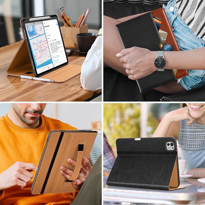 DTTO for iPad Pro 13 Inch Case (M5) 2025 / (M4) 2024 Brown | Premium Leather Business Cover with Pencil Holder Hand Strap &amp Pocket Corner Protection Auto Sleep/Wake Multiple Angles