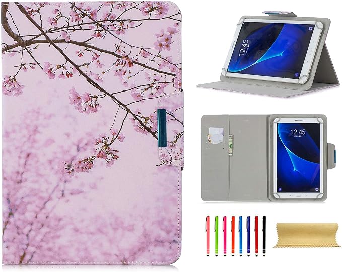 Universal 7 Inch Tablet Case Techcircle Ultra Slim Lightweight PU Leather Stand Folio Flip Wallet Protective Shell Case [Card Slots] [Magnetic Closure] for All 7 Android Tablet PC Cherry Blossom