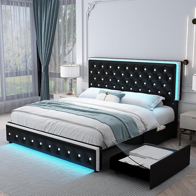 Full Led Bed Frame with 2 Drawers, Upholstered Platform Storage Bed Frames Full Size with Crystal Button Tufted Headboard Footboard, Solid Slats, No Box Spring Needed, Easy Assembly, PU Black