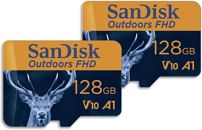 SanDisk 128GB 2-Pack Outdoors FHD microSDXC UHS-I Memory Card (2x128GB) with SD Adapter - Up to 150MB/s, Full HD, C10, U1, V10, A1, Trail Camera Micro SD Card - SDSQUBC-128G-GN6VT