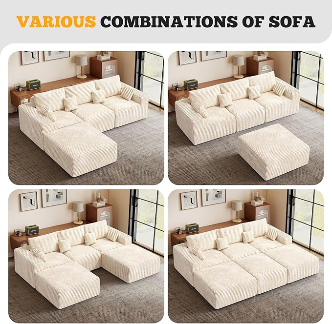 146" Modular Sectional Sofa, Convertible U-Shaped Cloud Couches for Living Room with Ottoman, 6 Seater Corduroy Boneless Couch Sofa Set, No Assembly Required, Beige 1 PCS