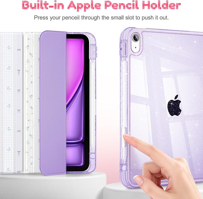 for iPad Air 11 inch M4/M3/M2 (2026/2025/2024) iPad Air 5th/4th Gen (2022/2020) 10.9 inch with Pencil Holder Glitter Clear Pretevtive Cover Auto Wake/Sleep Black Cartoon Stickers