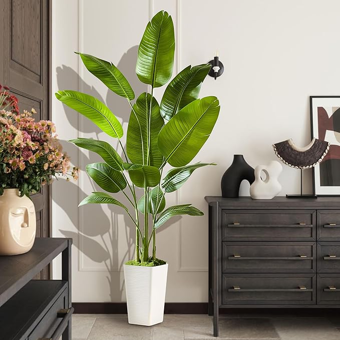 Bird of Paradise Artificial Plant, 6.6FT Faux Plants Indoor Banana Leaf Tree with 13 Leaves, Large Fake Tropical Potted Indoor Silk Floor Plant with White Tall Planter for House,Office,Room,Home Decor