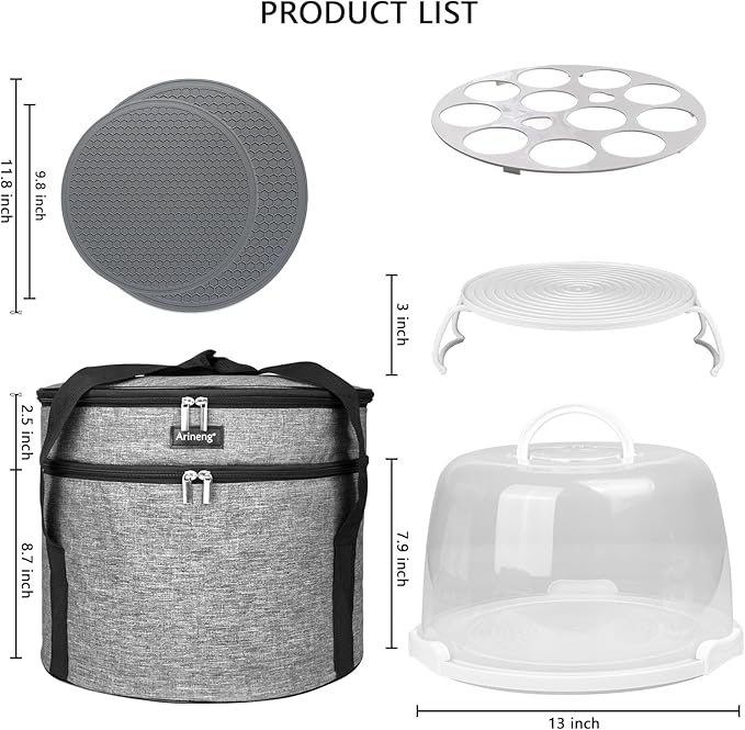 Round Cake Carrier Box with Lid and Handle, Transportation Insulated Bag for Cakes, Cupcakes and Pies, Triple Locking Design for Safe Transportation (Grey, 12 * 12 * 7.9 Inch)