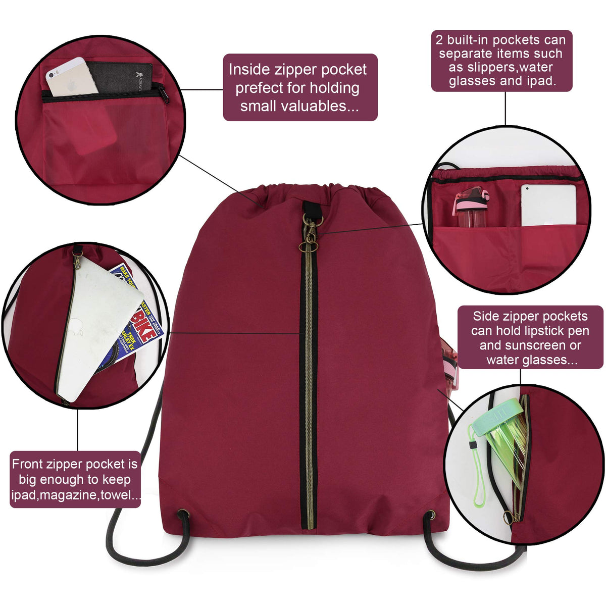 BeeGreen Maroon Drawstring Backpack with 3 Zipper Pocket and 2 Inside Pouch，19.2 "x 15" Large Sports Gym Drawstring bag Draw String Bags Pack