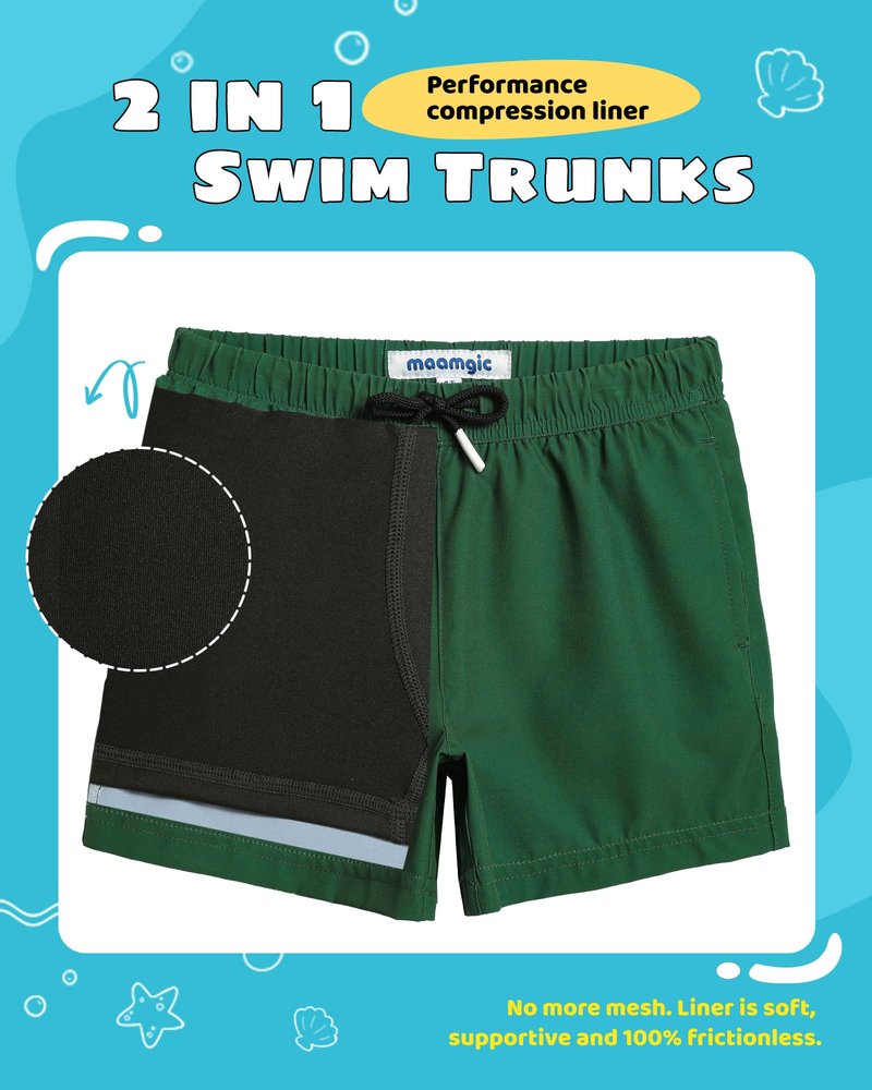 maamgic Boys Swim Trunks with Compression Liner Toddler Stretch Swim Shorts Quick Dry Swimming Trunks Boxer Brief 2 in 1 Beach Shorts Dark Green 3T