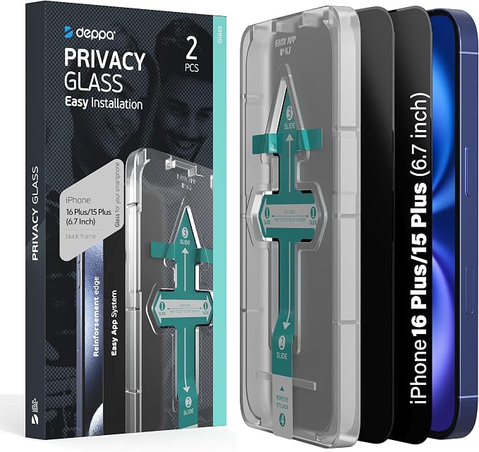 Privacy Screen Protector for iPhone 15 Plus / 16 Plus (6.7) 2 Pack | Anti-Spy | Anti-Fingerprint | Bubble-Free | Easy Installation | Ultra-Resistant