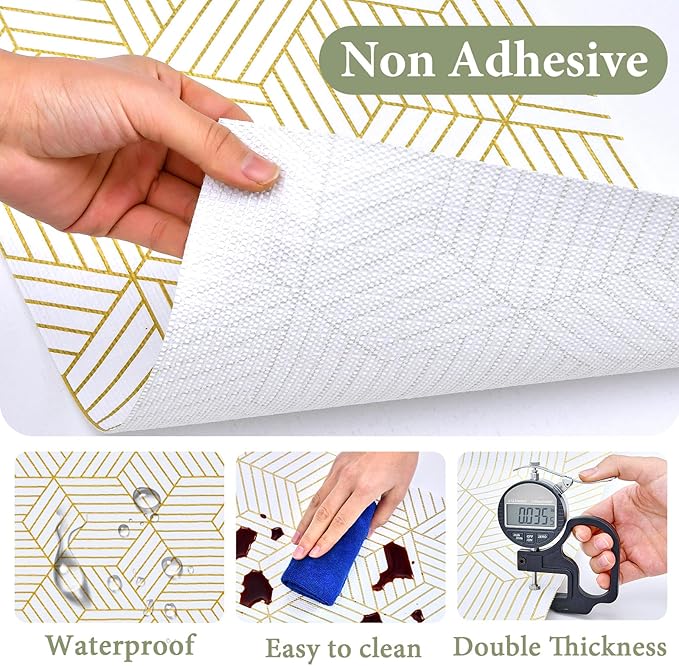 Shelf Liners for Kitchen Cabinets 17in x 40FT, Non Adhesive Cabinet Liner Strong Non-Slip Thickened Gold Geometric Drawer Liner, Easy to Clean for Shelf, Cabinet with Knife and Tape Measure