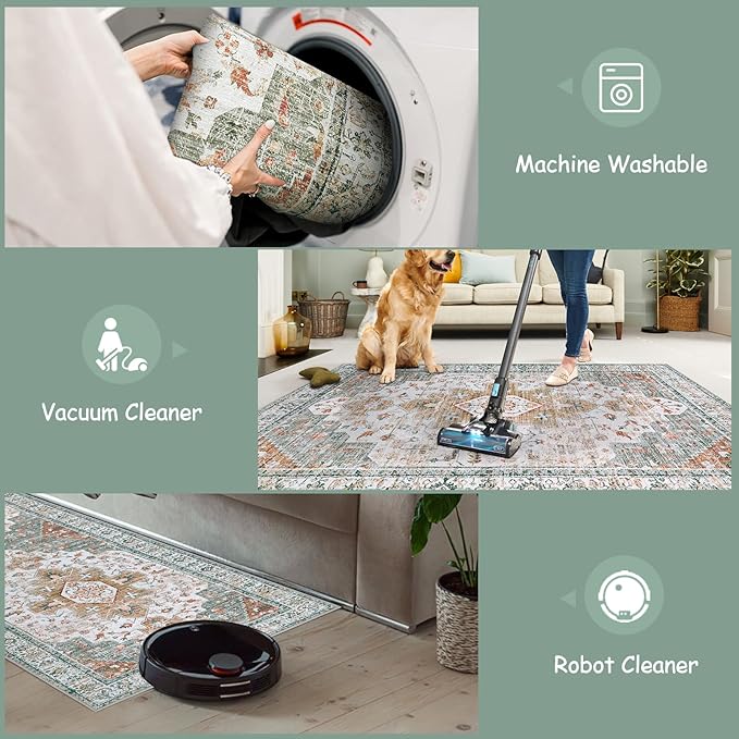 Moynesa Ultra-Thin Washable Runner - 2'6" x 8' Hallway Rug, Kitchen & Bathroom Carpet, Vintage Printed Low Pile Entryway Runner for Apartment, Camper, RV, Beige/Gold