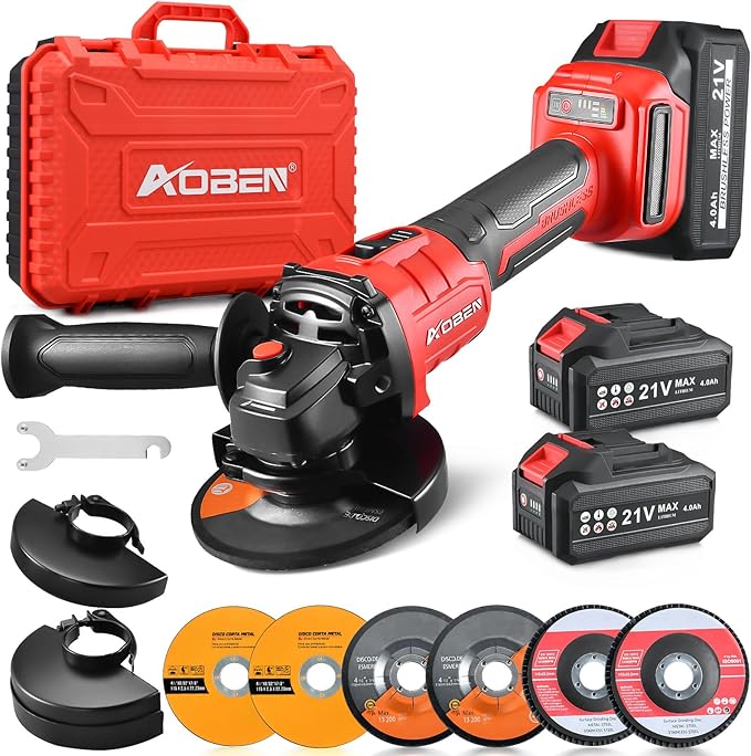 AOBEN Cordless Angle Grinder 4-1/2 inch, 21V Battery Grinder Kit, Power Electric Cut Off Tool, Brushless Motor, 2x4.0Ah Battery & Charger, for Metal Cutting, Grinding, Polishing