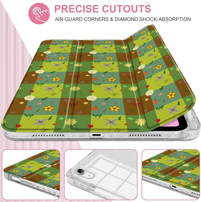 MEEgoodo Case for iPad A16 11th Generation 2025/10th Generation 2022 Glitter Tablet Cases with Transparent Acrylic Back+Trifold Stand +Pencil Holder+Auto Wake/SleepAbstract Sun &amp Palm Tree