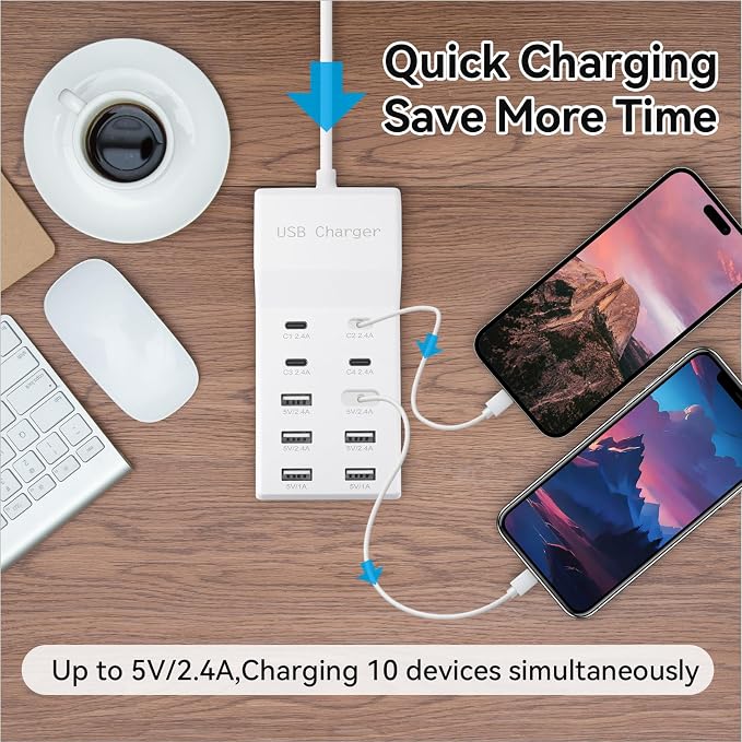 USB Charging Station with 6 USB-A and 4 USB-C Ports 50W 10A USB Charger Block for Smart Phone Tablet Laptop Multiple Devices - USB Power Strip with Auto-Detect Technology