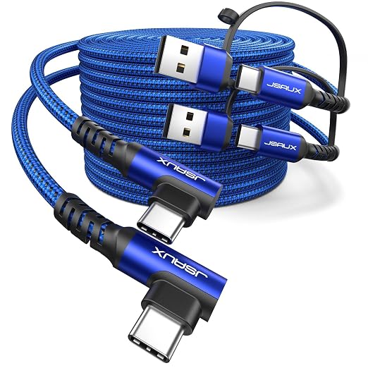 JSAUX 3-in-1 USB-C Cable 2-Pack 10FT 100W Right-Angle Fast Charging Blue | Right-Angle Braided Cables with USB-A Adapter 2 x 10 ft for iPhone 17/16/15 Galaxy S26/S25/S24 iPad MacBook Steam Dec