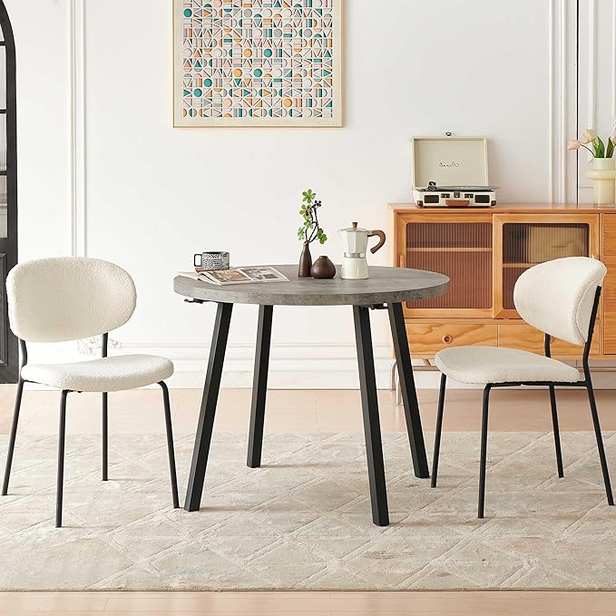 Modern Dining Table Set for 2, 37" Round MDF Living Coffee Table Industrial with 4 Seated Boucle Dining Chairs Upholstered, Metal Legs for Dining Hall, Living Room