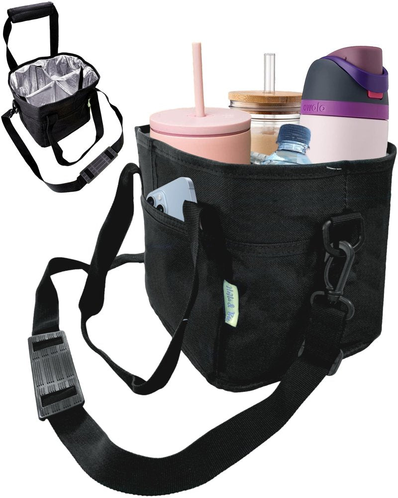 4 Water Bottle Holder with Strap | Family Size 4 Compartment Drink Bag, Multiple Tumbler Carrier Caddy | Adjustable Fits Large & Small Drinks | Hands Free, Won't Tip Over in Car (Black)