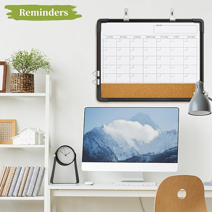Dry Erase Calendar White Board for Wall, Polegas 17" X 13" Magnetic Whiteboard Dry Erase Cork Board Combination, Small Wall Monthly Double Sided Boards Student, Home, Office (Black)