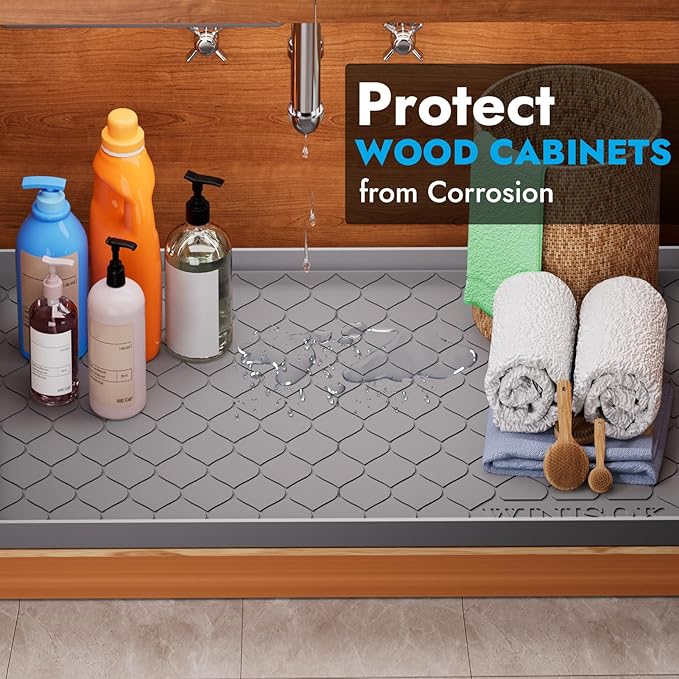 Silicone Under Sink Mat 25" x 19", kitchen Essentials and Gadgets, Shelf liner and Cabinet Protector, Home Organizers and Storage, Waterproof Bathroom Tray
