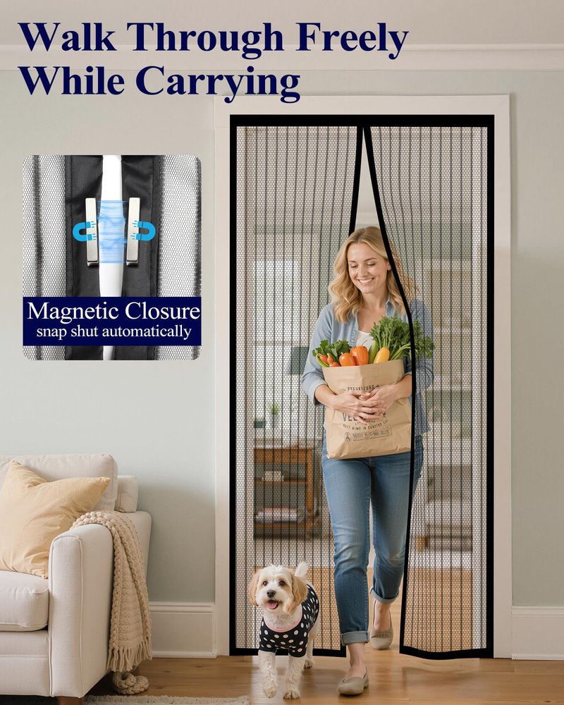 Kitsure Magnetic Screen Door - 38.0'' x 82.0'' Retractable Screen Door Mesh for Entry Door or Sliding Door, Pet & Kid Friendly, Hands-Free Closure Keeps Bugs Out & Lets Breeze in, Stripe Black