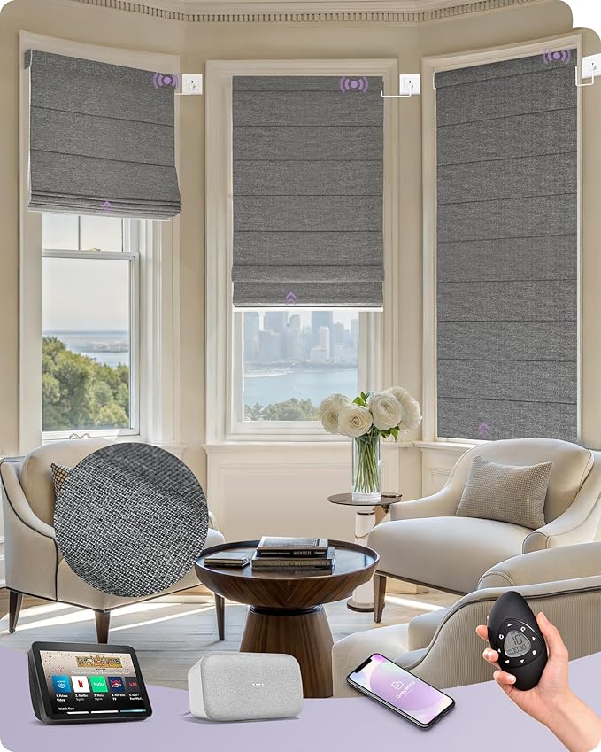 Graywind Smart Roman Shades Compatible with Alexa Google WiFi Hardwired Automatic Blinds with Remote Blackout Plain Fold Soft Roman Window Shades for Windows Doors, Custom Size (Textured Black)